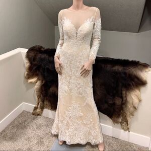 Custom Long Sleeves Embroidered Floral Lace With Sequins and Crystal Beads Gown